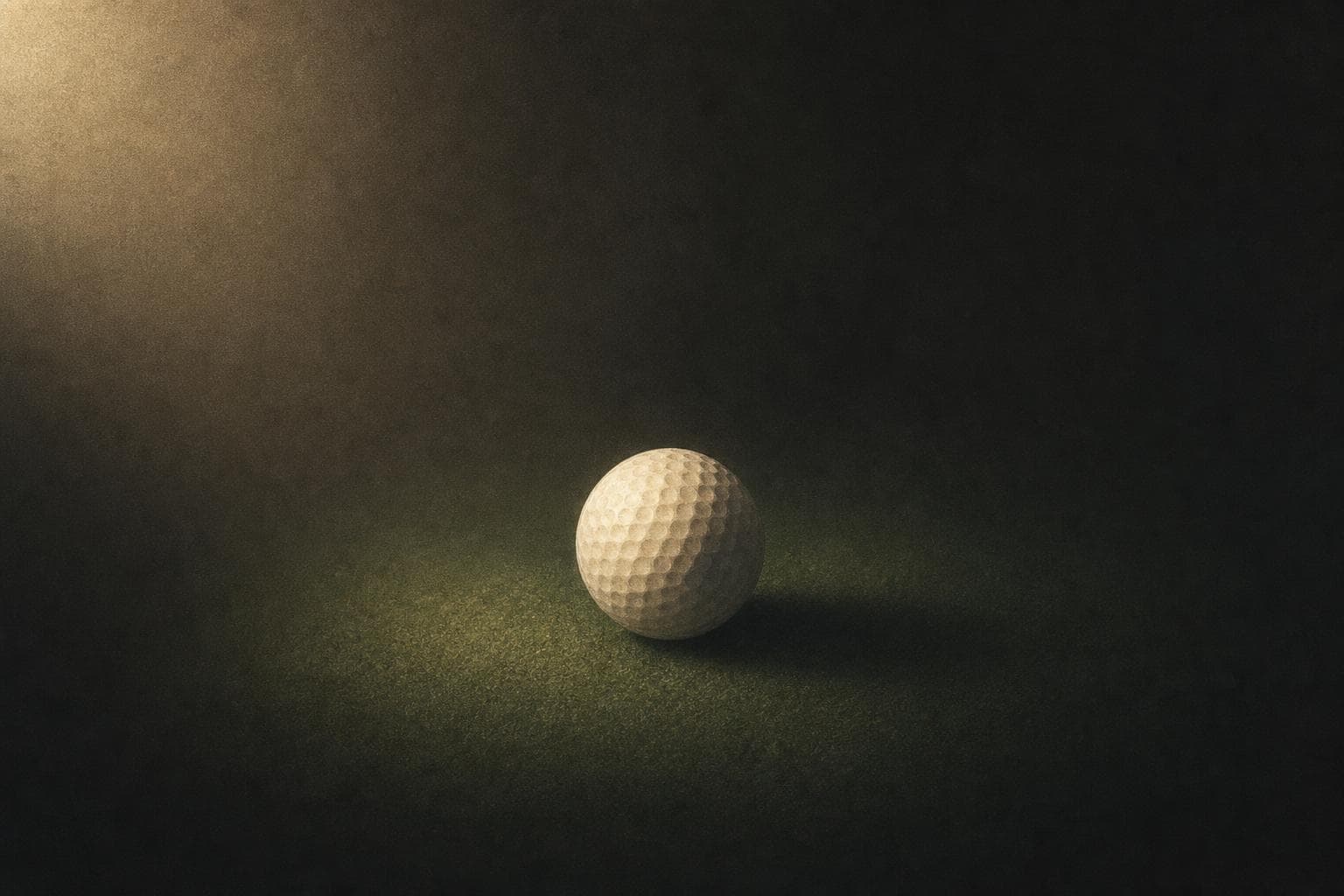 En golfbold på grønt filt i et mørkt rum, oplyst af varmt sidelys